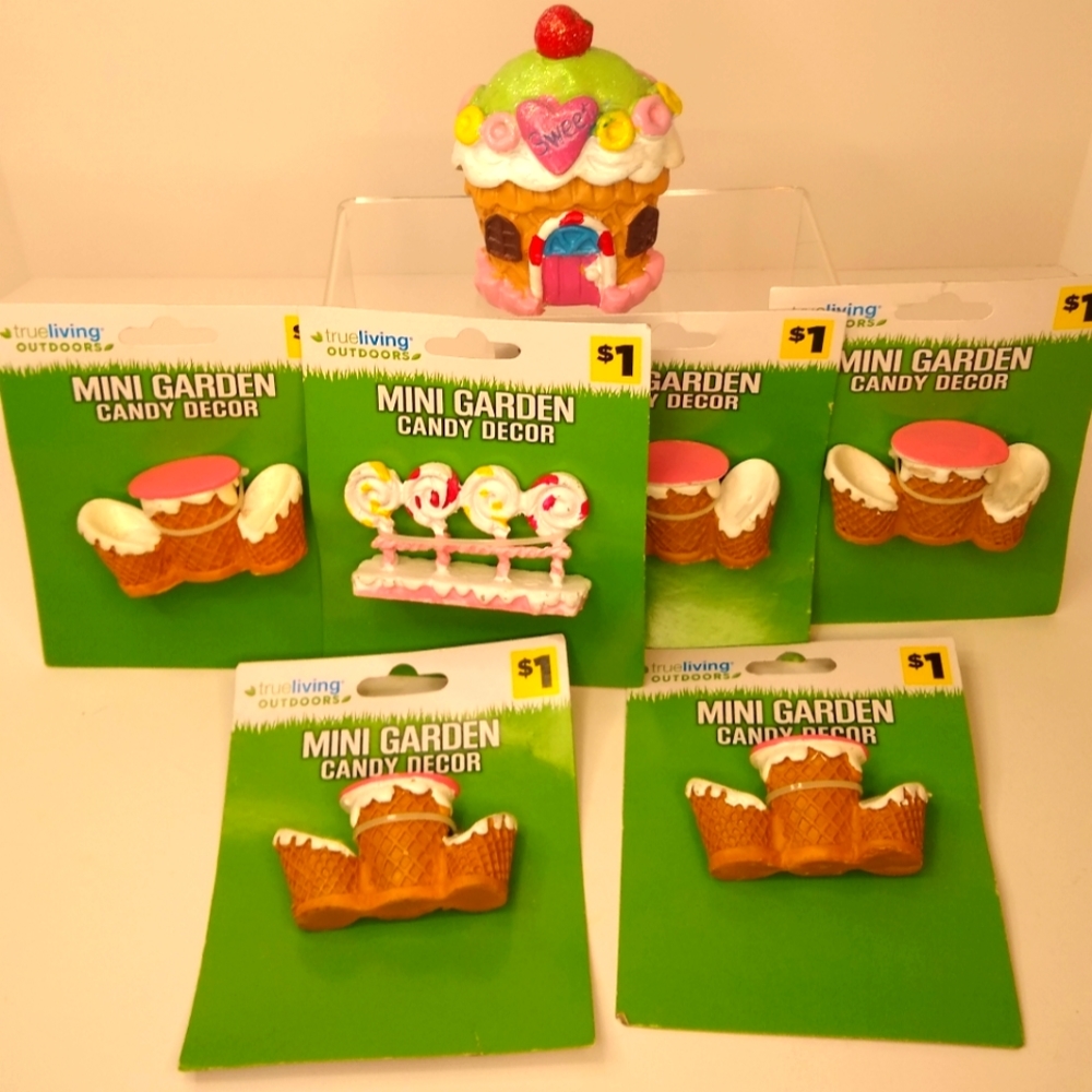 New Miniature Fairy Garden Doll House Ice Cream Candy Shop Table Chair Figures
